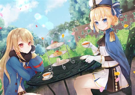 2girls Anthropomorphism Aqua Eyes Azur Lane Blonde Hair Drink Food Gloves Hardy Azur Lane Hat