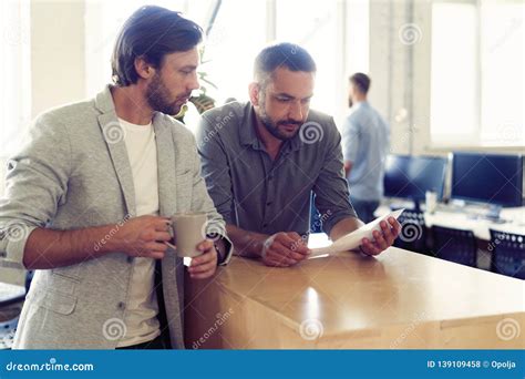 Nice Coffee Break Two Cheerful Young People Holding Coffee Cups And