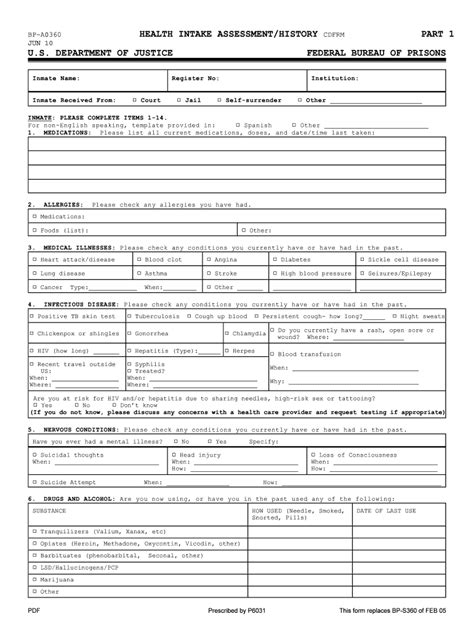 Fillable Online Bop Form Bp A Health Intake Assessment History