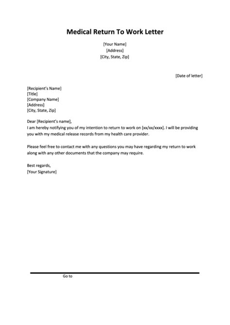 Sample Medical Return To Work Letter