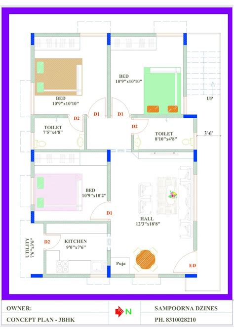 East Facing 3bhk House Plan 30x40 Site