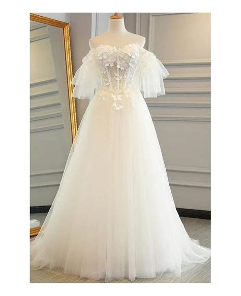 Fairy Flowers Puffy Off Shoulder Sleeves Tulle Wedding Dress With Lace