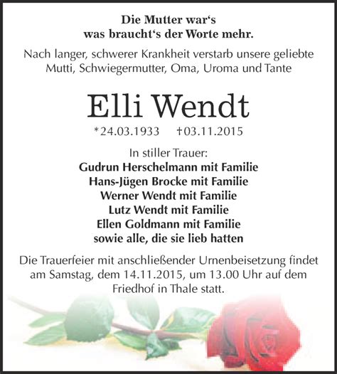 Traueranzeigen Von Elli Wendt Abschied Nehmen De