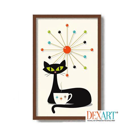 Mid Century Modern Cat And Kitchen Art Print Wall Art Black Cat Lover