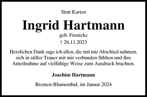 Traueranzeigen Von Ingrid Hartmann Trauer Gedenken