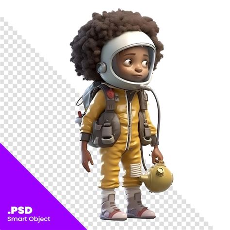 Renderización en 3d de una pequeña astronauta afroamericana aislada en