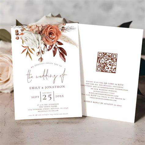 Boho Terracotta Florals Qr Code Wedding Invitation Zazzle