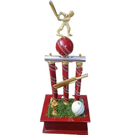 Maroon Golden And Silver Rectangular Brass MDF Cricket Trophy For