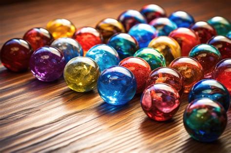 Premium Photo Closeup Of Colorful Glass Marbles On A Wooden Surface