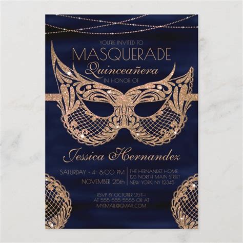 Navy Blue Gold Glitter Lace Masquerade Quincea Era Invitation Zazzle