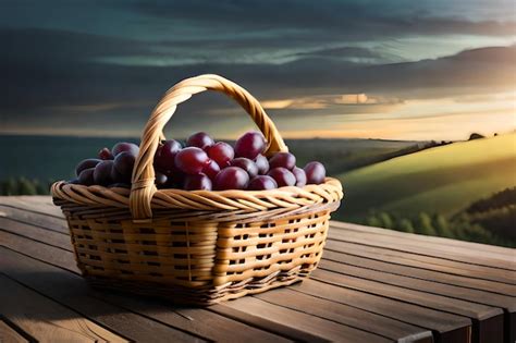 Uma Cesta De Uvas Em Uma Mesa Um P R Do Sol Ao Fundo Foto Premium