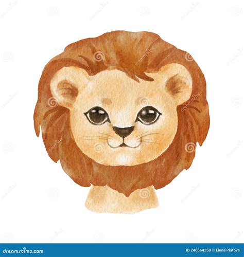 Cute Portrait Lion Head In Cartoon Style Drawing African Baby Wild Cat