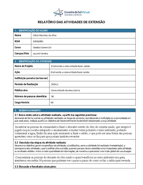Ativ De Extensao Fabio Relat Rio Das Atividades De Extens O