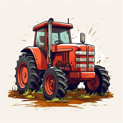 Ilustración de dibujos animados de un tractor rojo con ruedas grandes