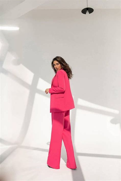 Hot Pink 2 Piece Suit Set For TALL Women Raspberry Pink Pantsuit With Belted Blazer And Wide