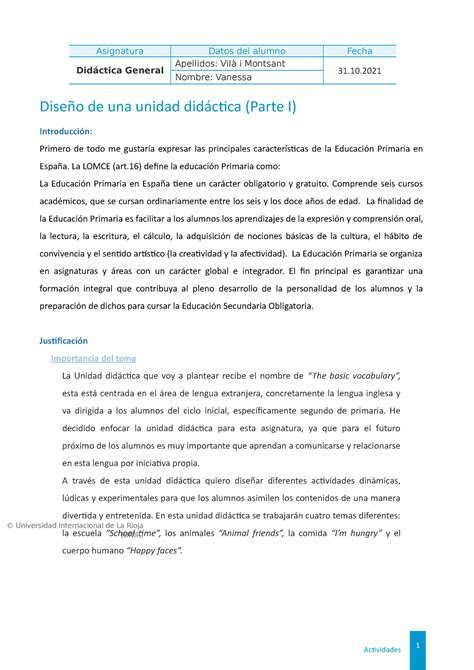 Unidad didactica completa Didáctica General Apellidos Vilà i