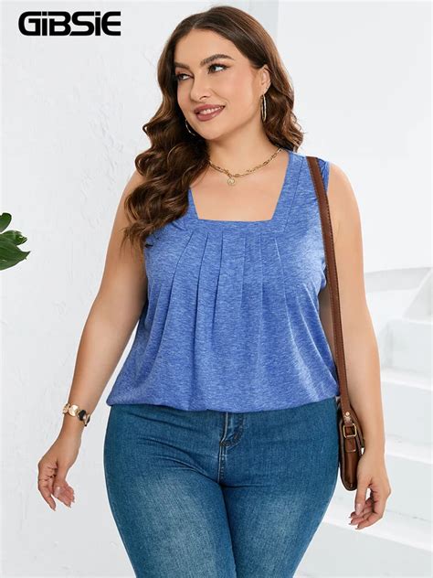 Gibsie Plus Size Square Neck Pleat Front Solid Tank Top Women Casual