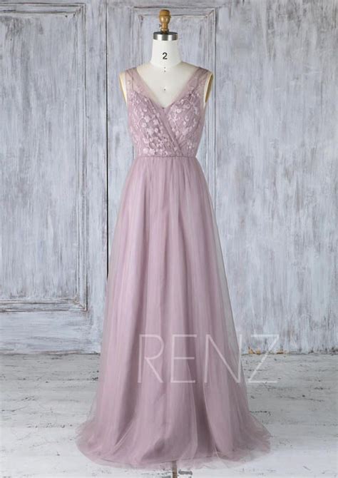 Bridesmaid Dress Dark Mauve Tulle V Neck Illusion Lace Wedding Mauve