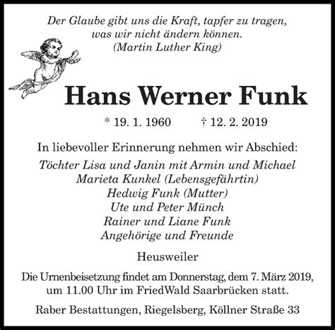 Traueranzeigen Von Hans Werner Funk Saarbruecker Zeitung Trauer De