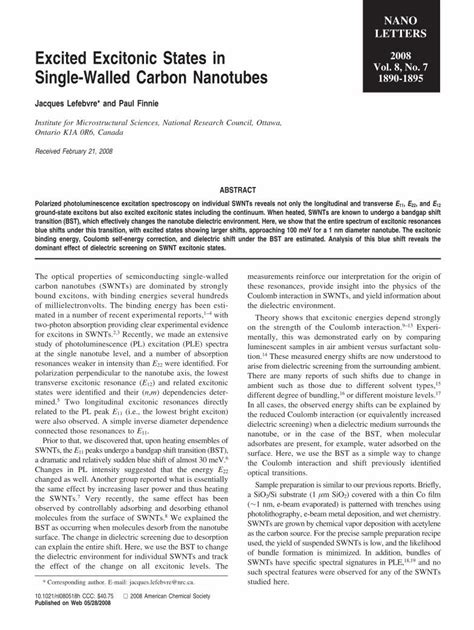 Pdf Excited Excitonic States In Single Walled Carbon Nanotubes