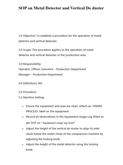 Sop On Metal Detector And Vertical Deduster Pdf