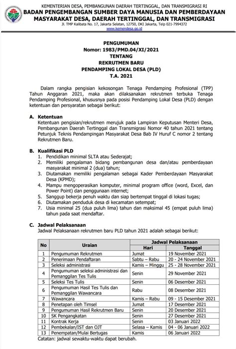 Rekrutmen Pendamping Lokal Desa PLD