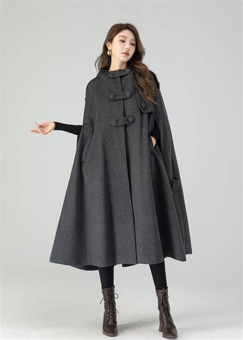Dark Gray Wool Cape Coat For Women Plus Size Wool Cape Coat Autumn
