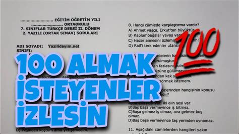 7 Sınıf Türkçe 2 Dönem 2 Yazılı YouTube