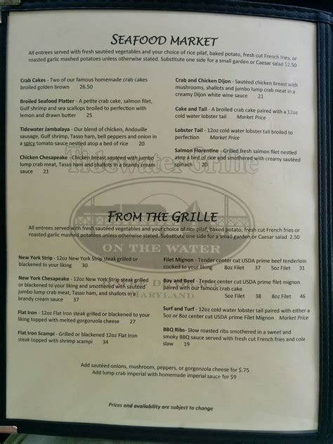 Menu At Tidewater Grille Restaurant Havre De Grace