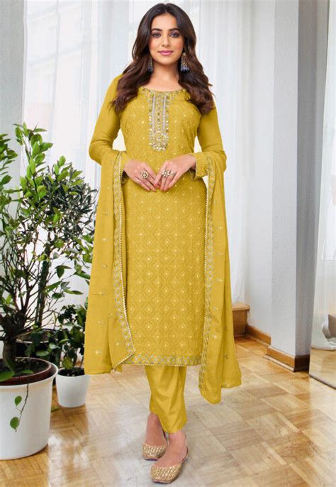 Embroidered Chinon Chiffon Pakistani Suit In Mustard Kch11107