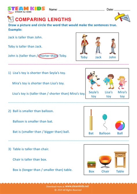 Free Math Worksheet - Comparing lengths - Worksheet 1 - STEAM KIDS 