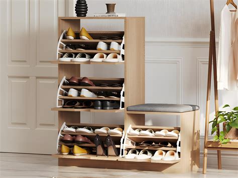 Meuble Chaussures Avec Une Banquette Et Portes Abattants Naturel