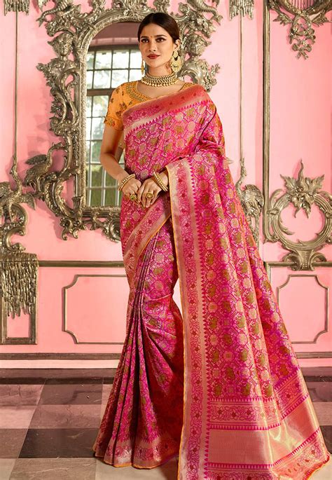 Buy Rose And Yellow Indian Wedding Silk Saree In Uk Usa And Canada