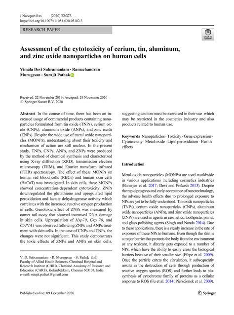 Assessment Of The Cytotoxicity Of Cerium Tin Aluminum And Zinc Oxide