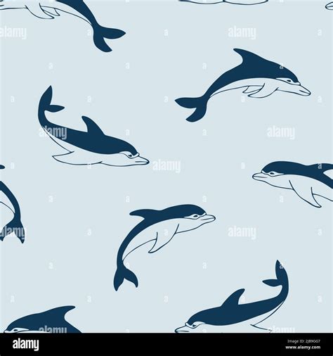 Seamless Vector Pattern With Cute Dolphins On Blue Background Simple