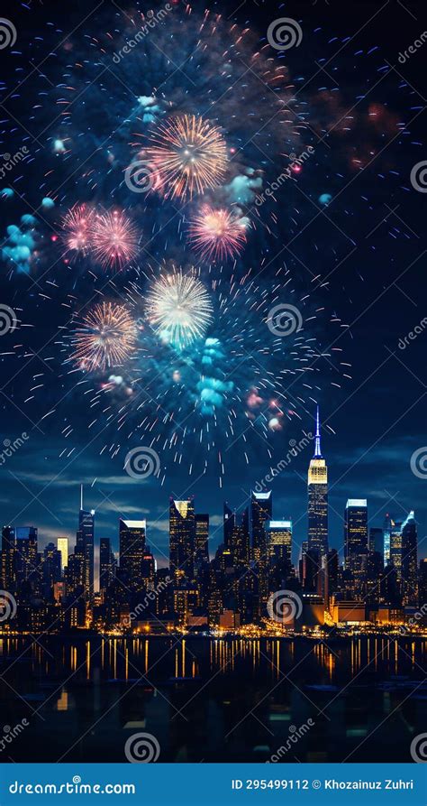 A Cityscape With Fireworks In The Sky New Year Festivities Stock