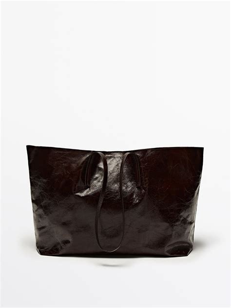 Massimo Dutti Leather Tote Bag With A Crackled Finish Black