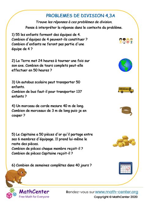 Cm Fiches De Travail Probl Mes De Division Math Center