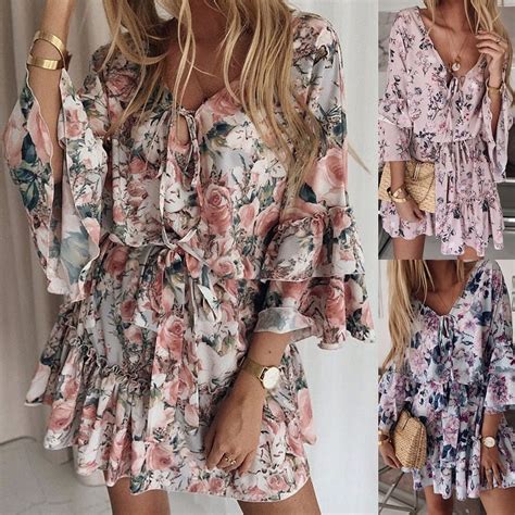 Tbwyf Boho Style Women Dress Long Sleeve Beach Summer Dresses Floral