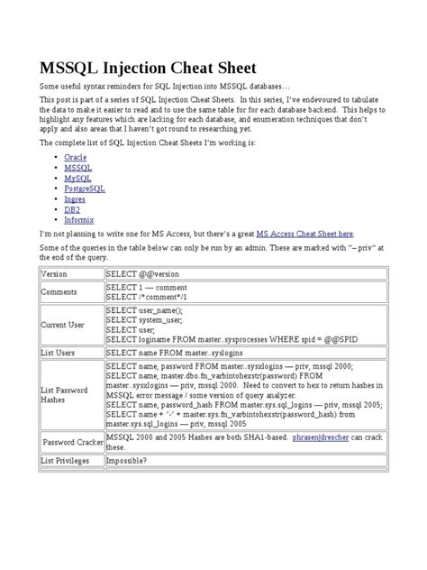 Sql Injection Cheat Sheet Microsoft Sql Server Microsoft Access