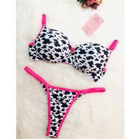 Conjunto Lingerie Rosa Neon Estampa Vaquinha Calcinha Fio Duplo Shopee Brasil