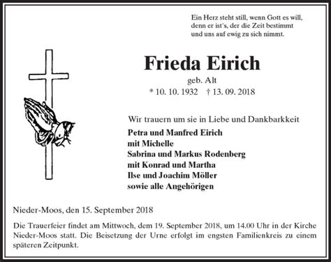 Traueranzeigen Von Frieda Eirich Vrm Trauer De