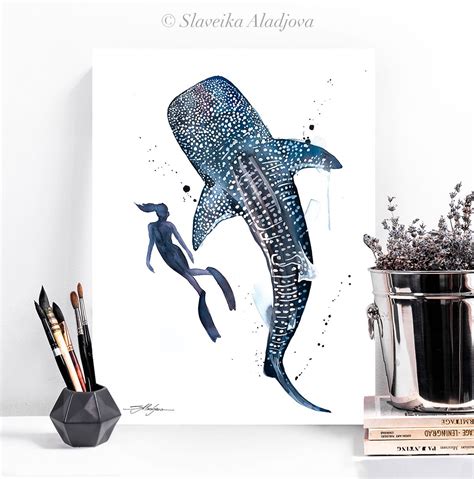 Freediver With Whale Shark Watercolor Painting Print By Slaveika Aladjova