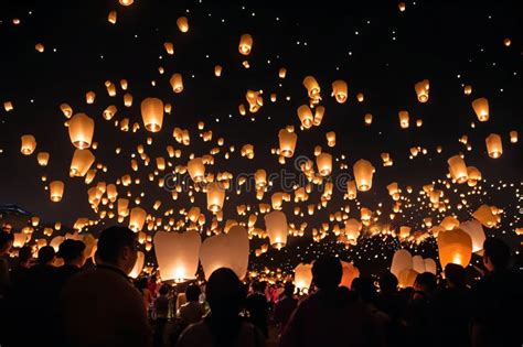 Traditional Flying Lantern Festival Celebration At Night Stock