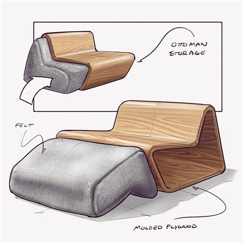 Molded Ply Chair With A Puzzle Piece Ottoman Sketched On An Ipad