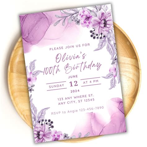 100th Birthday Party Invitation Template With Purple Flowers 100