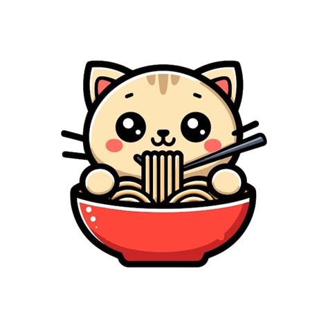 Lindo Gato Comiendo Fideos De Ramen Con Palillos De Dibujos Animados