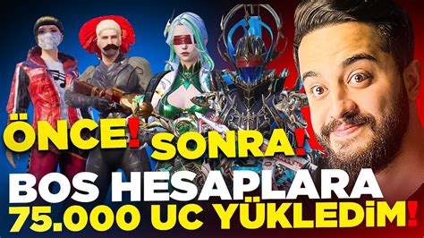 5 TANE BOŞ HESABA YÜKLÜ UC ATIP FULLEDİK 75 000 UC REKOR VİDEO PUBG