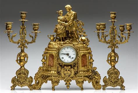 Italian Brass Figural Mantle Clock With Garnitures And Accessories