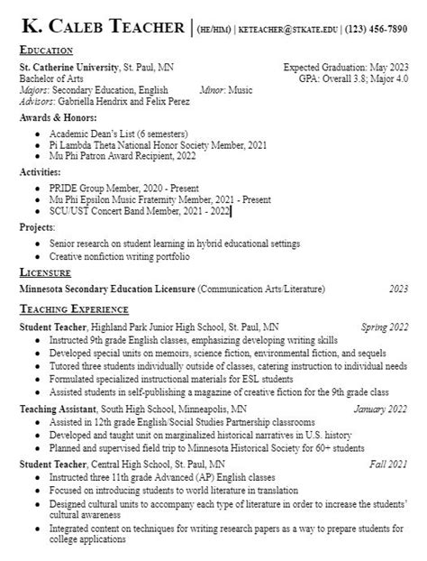 Teacher Cv Example Katiecareer Virtual Career Center